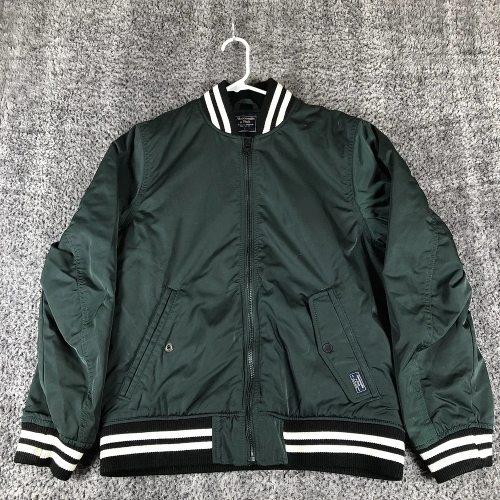 Abercrombie & Fitch Jacket Mens Large Green Varsity Bomber Full Zip Lined